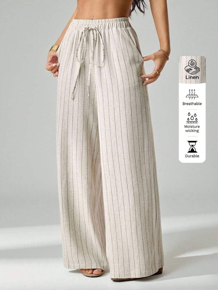 SHEIN PETITE Casual Extra Long Plain Wide Leg Pants For Women With Drawstring Waist And Apricot Finish Striped Linen Pants,Fall Clothes For Women Women Summer Pants Women Wide Leg Linen Pants
