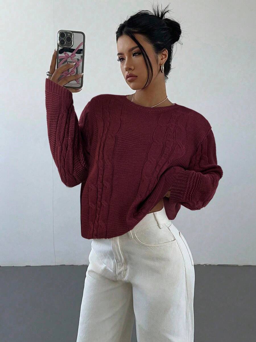 Aloruh Women's Solid Color Casual Pullover Sweater, Autumn/Winter,Fall - Burgundy - View 1