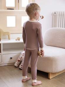 4pcs/Set Young Boy Casual Solid Color Patchwork Crew Neck Long Sleeve Top And Pants Homewear Set - Brown - View 3