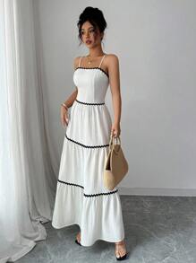 SHEIN PETITE 女式 2025 拼色露背系带纹理连衣裙