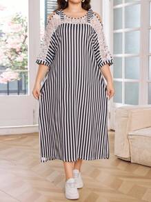 Lacomfia Elegantes Lässig Kleid in Große Größen mit Kontrastspitze, Twist-Schulter und freier Schulter