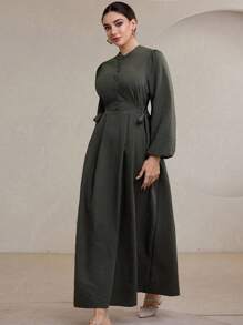 Modelyn Textured Solid Color Casual Plus Size Arabic Style Long Sleeve Dress Fall Cloth For Women - Army Green - View 5