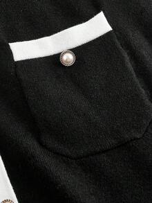 SHEIN MOD Plus Size Women's Elegant Black & White Contrast Color Faux Pearl Button Comfortable Versatile High Stretch Knit Sleeveless Sweater Dress,Autumn Clothes,Fall Clothes,Winter Clothes,Elegant,Chic - Black and White - View 7