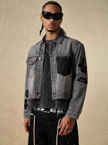 ROMWE MEN Street Life 男式拼色口袋前扣刺绣休闲牛仔长袖夹克 - 深灰色 - 查看 4