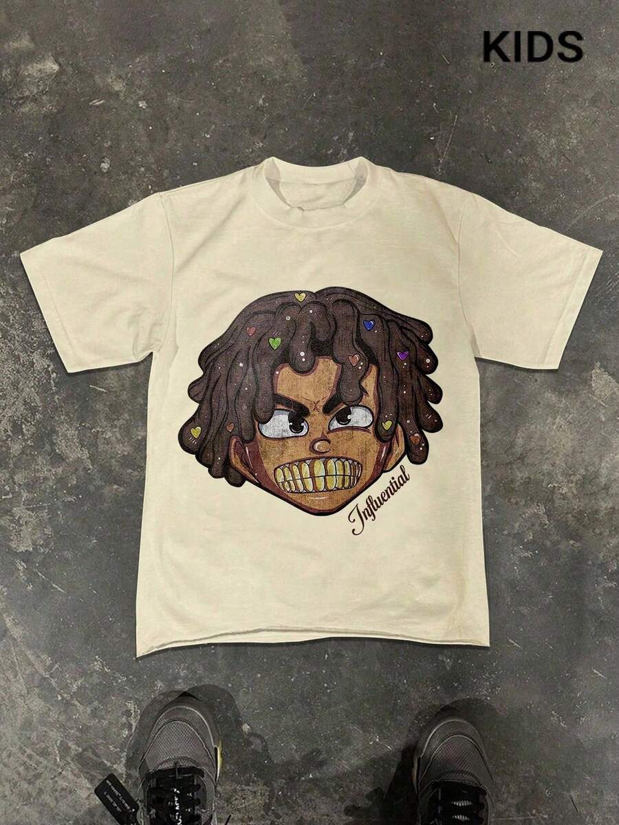 PAVTROS Tween Boys Casual Fashionable Crew Neck Knitted Printed T-Shirt - Beige - View 1