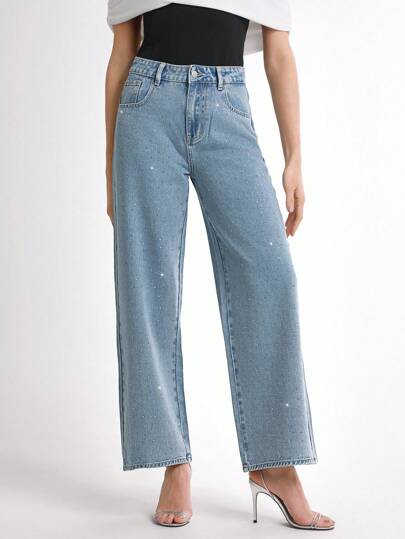 Daynim Jeans droits casual pour femmes avec strass