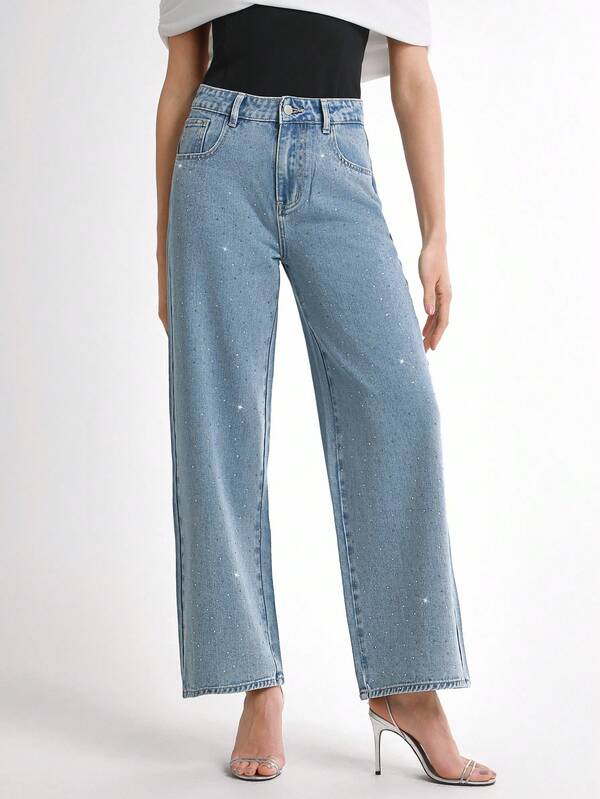 Daynim Jeans rectos casuales de mujer con rhinestones