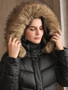 Anewsta Áo khoác cổ lông sang trọng có mũ trùm đầu bằng vải satin, túi khóa kéo kim loại - màu đen - Xem 5