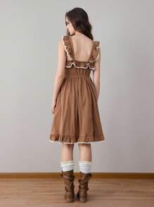 ROMWE Fairycore Váy midi họa tiết bèo nhún màu bí ngô, chất liệu vải lanh phong cách mộc mạc, phù hợp cho lễ Halloween, mùa thu - màu nâu - Xem 6