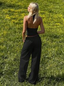 SHEIN EZwear 女士休闲白色套装：100%纯棉无袖吊带上衣搭配舒适阔腿裤，适合秋冬季穿着 - 黑色 - 查看 2