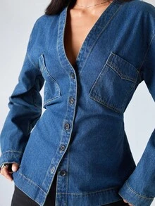 Muchica Áo sơ mi denim dáng rộng, cài cúc phía trước, kiểu dáng thường ngày, đã qua xử lý. - Màu xanh lam - Xem 4