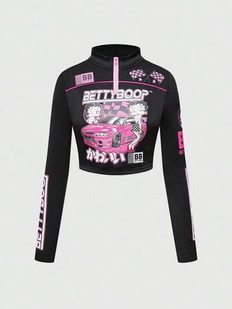 Betty Boop | ROMWE Damen Cartoon Figur Grafik Stehkragen Halb Reißverschluss Placket Langarm Crop Top