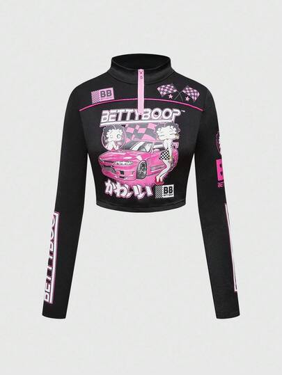 Betty Boop | ROMWE Maglietta corta da donna con grafica a figura cartoni animati, collo alto, mezza chiusura lampo, maniche lunghe