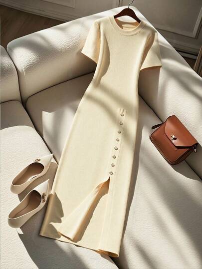 GlowEve CURVE Plus Size Women's Solid Color Button Design Elegant Round Neck Short Sleeve Split Hem Knit Dress