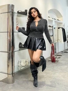 GalTyme 大码女式复古做旧酸洗圆领半拉链长袖T恤，秋冬