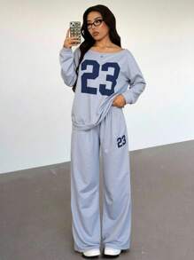 SHEIN PETITE 2件套女士休闲数字印花长袖上衣和长裤套装