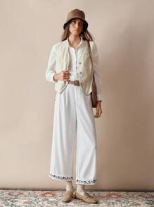 Florisole Autumn Bohemian Embroidered Beaded Casual Loose Wide-Leg Women Pants Fall Cloth For Women