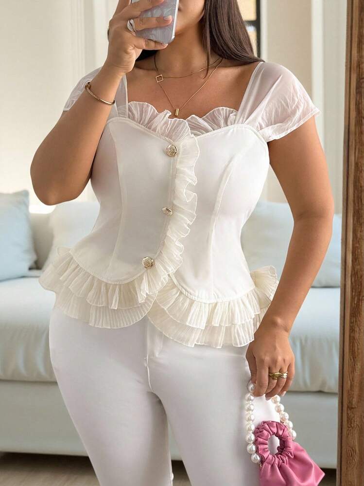 Vionelle 大码女式夏季优雅荷叶边下摆衬衫 - 杏色 - 查看 5