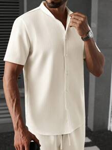 Manfinity CasualCool Bộ đồ nam mùa hè màu trơn, tay ngắn cài khuy đơn và quần âu, bộ đồ đa năng cho nam, áo sơ mi tay ngắn cổ đứng phong cách Trung Hoa, chất liệu vải gai dầu giả, thắt nút tre, quần âu co giãn rộng rãi, trang phục thoải mái - Màu be - Xem 5