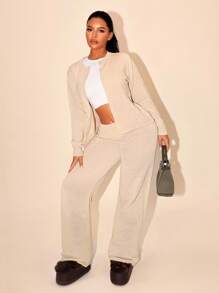 Zolique Women's Solid Color Casual Cardigan And Pants Knit Two Pieces Set Fall Winter Cloth For Women - Apricot - View 5