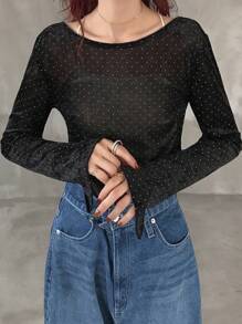 FRIFUL 女式黑色波尔卡圆点透明网眼长袖休闲T恤，适合秋季穿着 - 黑色 - 查看 4