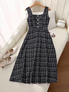 SHEIN Clasi Women's Fashion Casual Button Sleeveless Mid-Length Dress