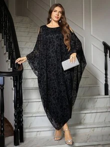 Gownix 大码女式纯色圆领露肩时尚宽松连衣裙 - 黑色 - 查看 6