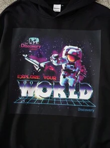 Discovery X SHEIN Men's Letter & Astronaut Graphic Pullover Hoodie , Fall - Black - View 5