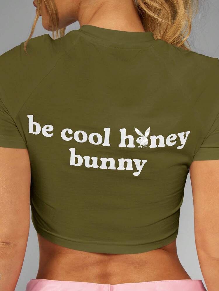 Missguided x Playboy Bunny Logo Print Crop Tee With Back Slogan