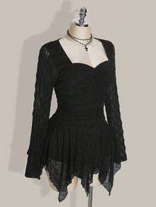 SHEIN ICON 大码女式纯色褶皱方领长袖不对称下摆连衣裙、Y2k 复古不对称下摆连衣裙、万圣节服装、女巫服装黑色连衣裙 - 黑色 - 查看 5