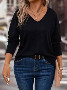 EMERY ROSE 女士休闲V领长袖百搭T恤，加大码，秋冬 - 黑色 - 查看 1