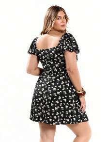 Solavibe 碎花印花褶饰胸前结饰泡泡袖夏季波西米亚风连衣裙 - 黑色 - 查看 3