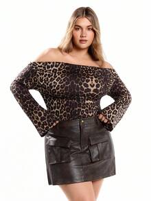 Solavibe Plus Size Women's Fashion Leopard Print Off Shoulder Asymmetric Hem T-Shirt - Multicolor - View 7