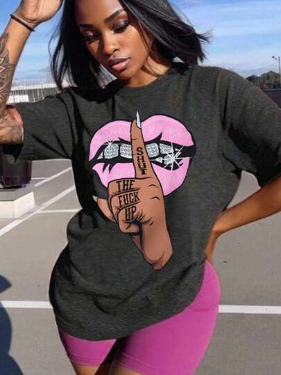 Maweii Sexy Lip & Hand Gesture Letter Slogan Round Neck Short Sleeve Fashionable Plus Size T-Shirt