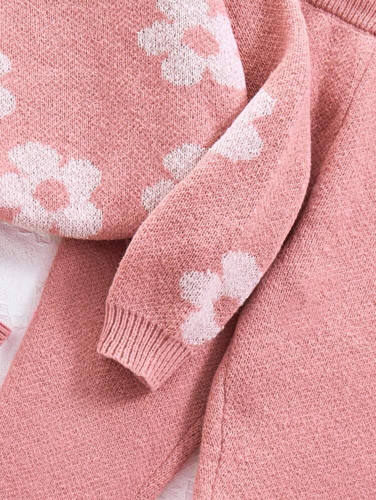 SHEIN Tween Girl Casual Floral Jacquard Oversized Pullover Sweater And Wide Leg Pants 2pcs Set, Suitable For Indoor And Outdoor, Pink, Autumn/Winter - Dusty Pink - View 5