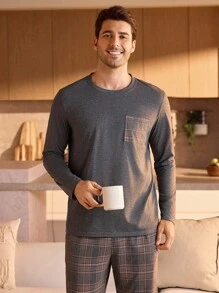 Manfinity Underwear&Sleepwear Basics 男士格子口袋长袖上衣和裤子两件套睡衣套装，男士家居服睡衣，秋冬服装 - 深灰色 - 查看 4