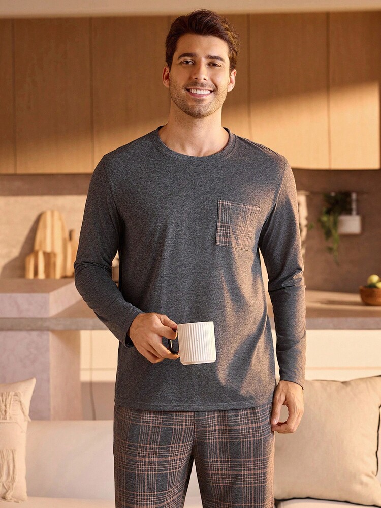 Manfinity Underwear&Sleepwear Basics Bộ đồ ngủ 2 món gồm áo dài tay kẻ caro có túi và quần dài cho nam, đồ ngủ mặc ở nhà, quần áo thu đông - Màu xám đen - Xem 4