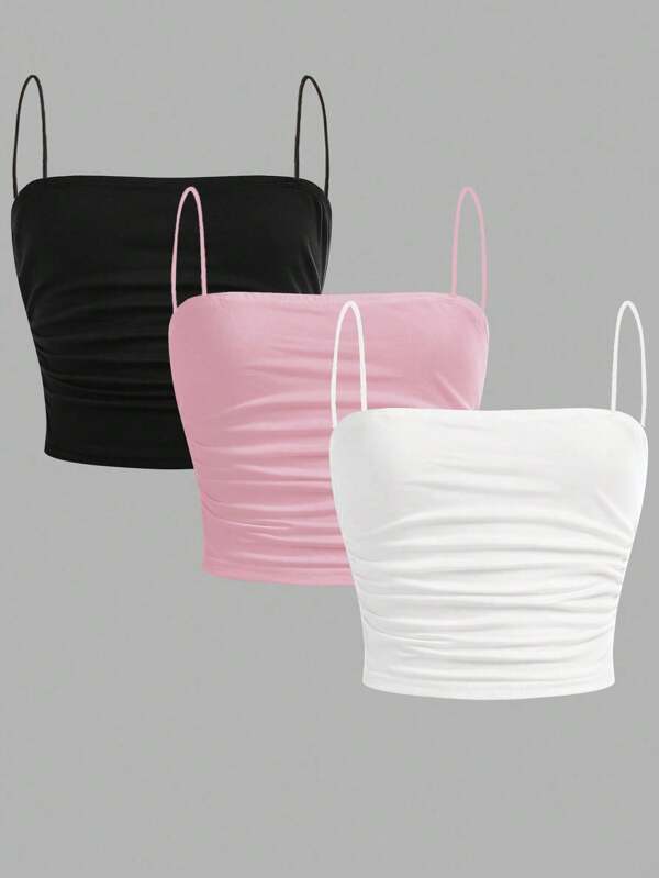 SHEIN Girlism 3pcs/Set Tween Girls' Black, White, Pink Casual Ruched Cropped Camisole Top Set/Back To School,Fall,Winter/Y2k,Halloween/Back To School Outfits/First Day Of School Outfit