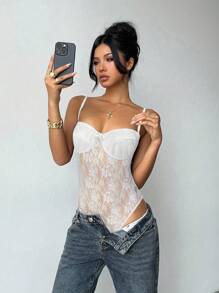 Aloruh Women's Solid Color Spaghetti Strap Lace Sexy Sheer Bodysuit - White - View 6