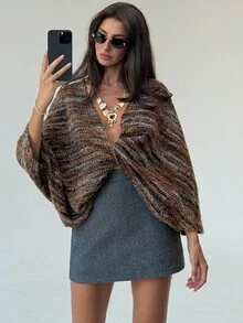 Aloruh 女式复古条纹扭结长袖套头衫，秋冬 - 棕色 - 查看 1