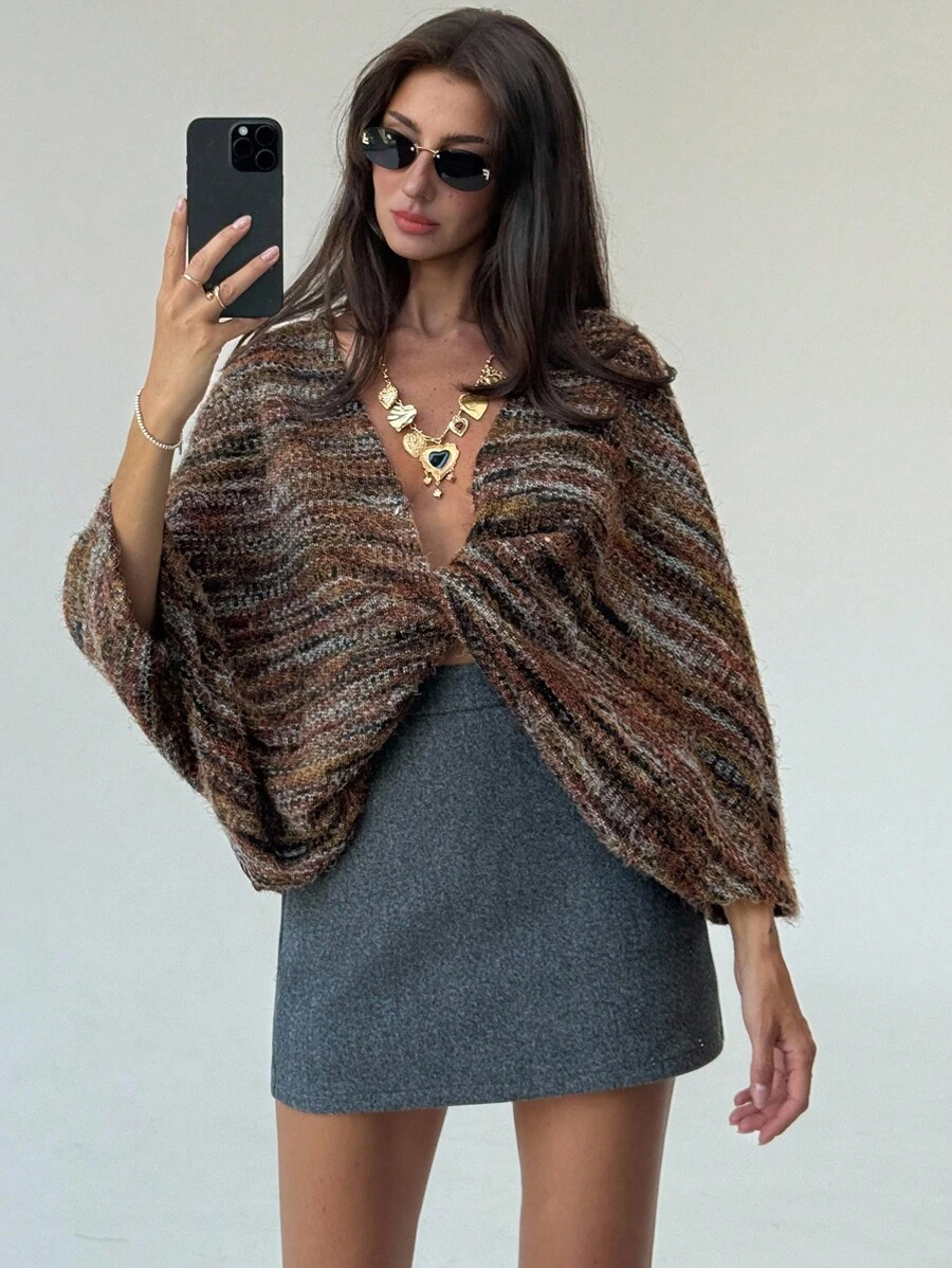 Aloruh 女式复古条纹扭结长袖套头衫，秋冬 - 棕色 - 查看 1