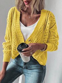 EMERY ROSE Casual Versatile Solid Color Hollow Out Knit Cardigan Knitted Casual Spring Fall Winter - Yellow - View 6