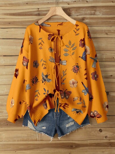 Linhara 女士纯色复古加大码花卉印花开衫，带蝴蝶结，适合万圣节、新年、情人节、感恩节、圣诞节、复活节、联欢晚会、除夕夜，