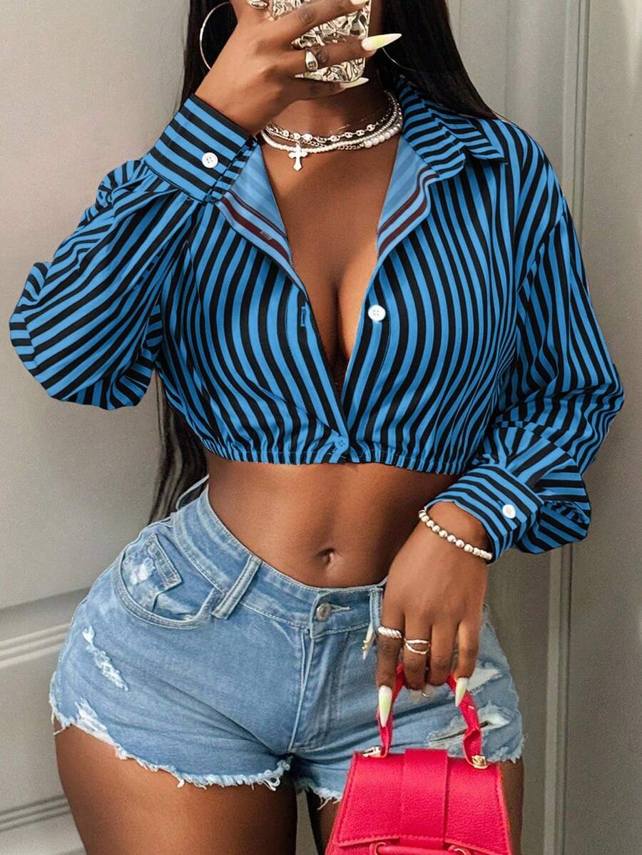 BamGleam Casual Commute Striped Cropped Sexy Shirt Back To School Fashion Fall Cloth For Women - Royal Blue - View 1