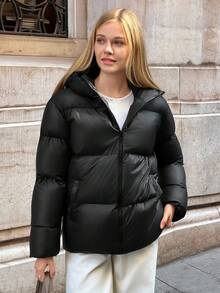 EURMUSE Veste matelassée brillante avec capuche, fermeture éclair frontale, design matelassé, poches latérales, chaude et légère, vêtement d'extérieur casual pour l'hiver, tissu imperméable