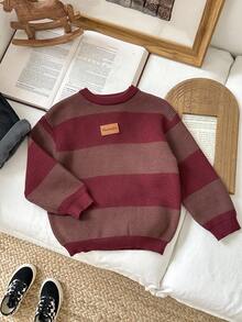 SHEIN LMoss Kids Young Boys' Casual Fitted Long Sleeve Knit Sweater, Vintage College Style Pullover Top, Suitable For Autumn/Winter, Commute, School, Home, Casual, Street, Party, Outdoor Play Red Sweater Kids Striped Sweater Kids Brown Sweater Kids Fall - Multicolor - View 4
