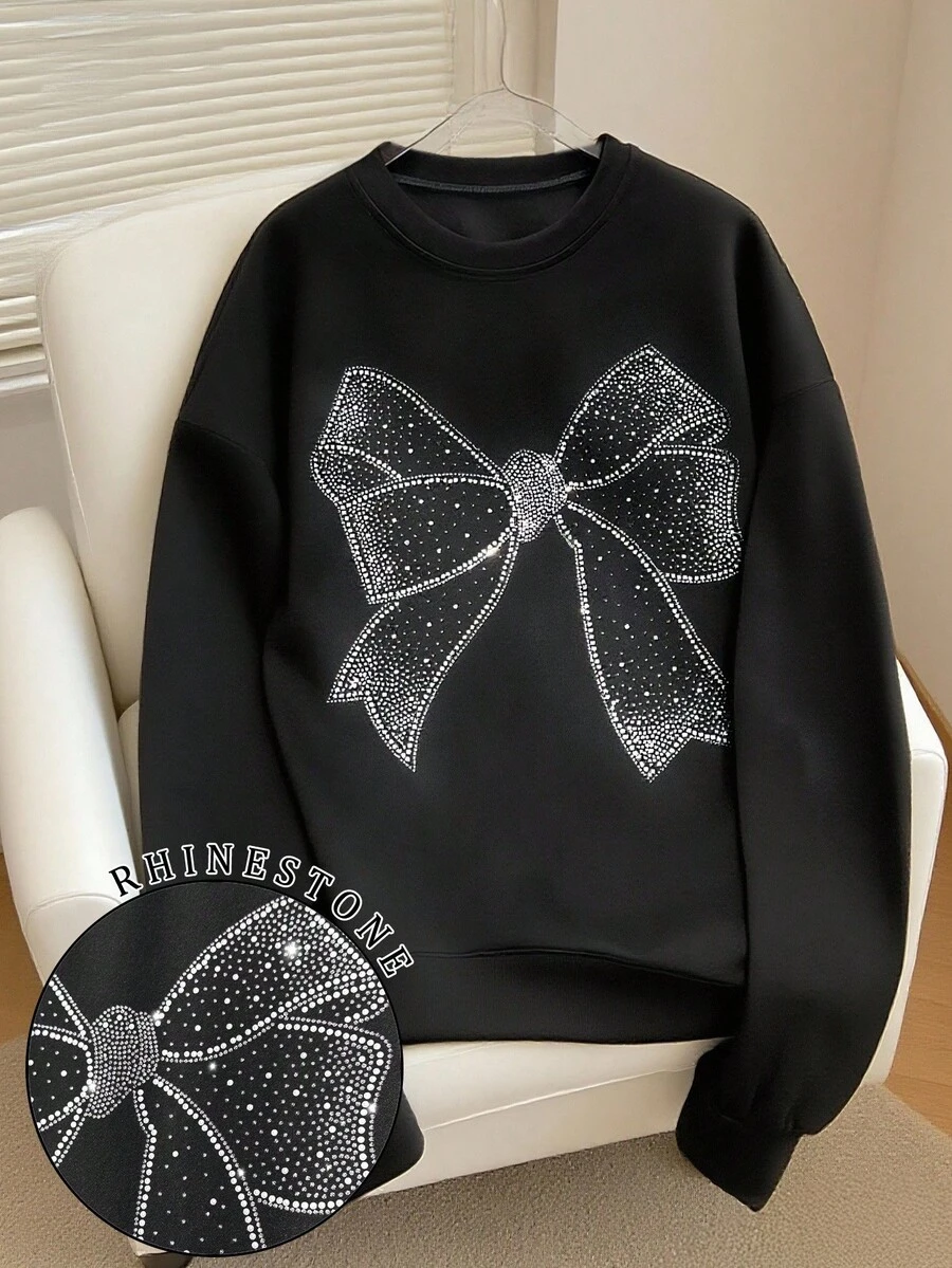 Resyla Rhinestone Bow Decor Crew Neck Long Sleeve Sweatshirt, Gift For Friends Pullover Fall - Black - View 1