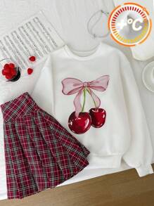 Tween Girls Hoodie & Sweatshirt Co-Ords, Cherry Bow Cute Pattern Sweatshirt, Plaid Red Pleated Mini Skirt Cherry Print Sweatshirt Plaid Skirt 2 Piece Skirt Set Teen Girl Clothes Back To School Outfit Two Piece Kids Set Skirt Plaid Teen School Clothes 2 Piece Set Cherry Girls Clothes Young Girl Summer Plaid Skirts Bow Knot Set Back To School 2 Piece Set/Activities/Autumn/Winter/Halloween,Glowmode,Fall,Christmas/Holiday/Festival/Winter - Red and White - View 7