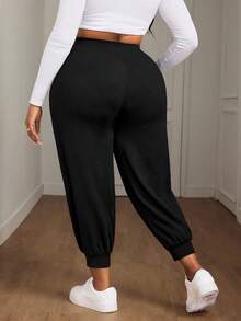 SHEIN PETITE CURVE 大码纯色抽绳裤脚度假休闲裤 - 黑色 - 查看 2