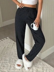 Pantalón de pijama de algodón para mujer con estampado a lunares de color contrastante